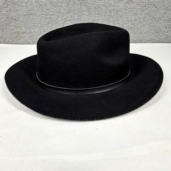 ROXY WOMEN\'S BLACK WOOL FEDORA HAT – WIDE BRIM, LEATHER BUCKLE BAND, ONE SIZE